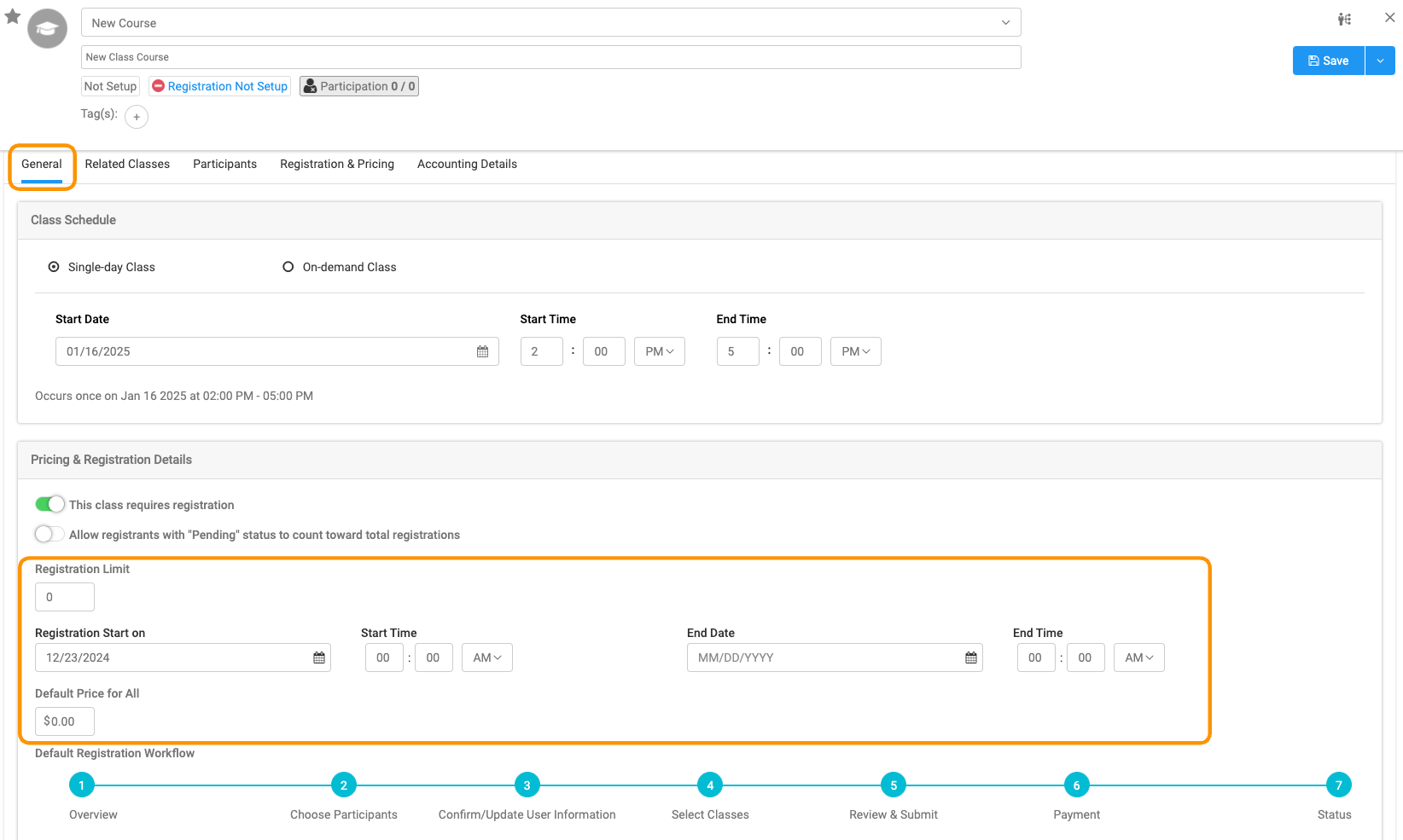 In the General Tab, toggle on This Class Requires Registration to configure the registration dates/times, and default pricing. You will also see the basic registration workflow steps listed.