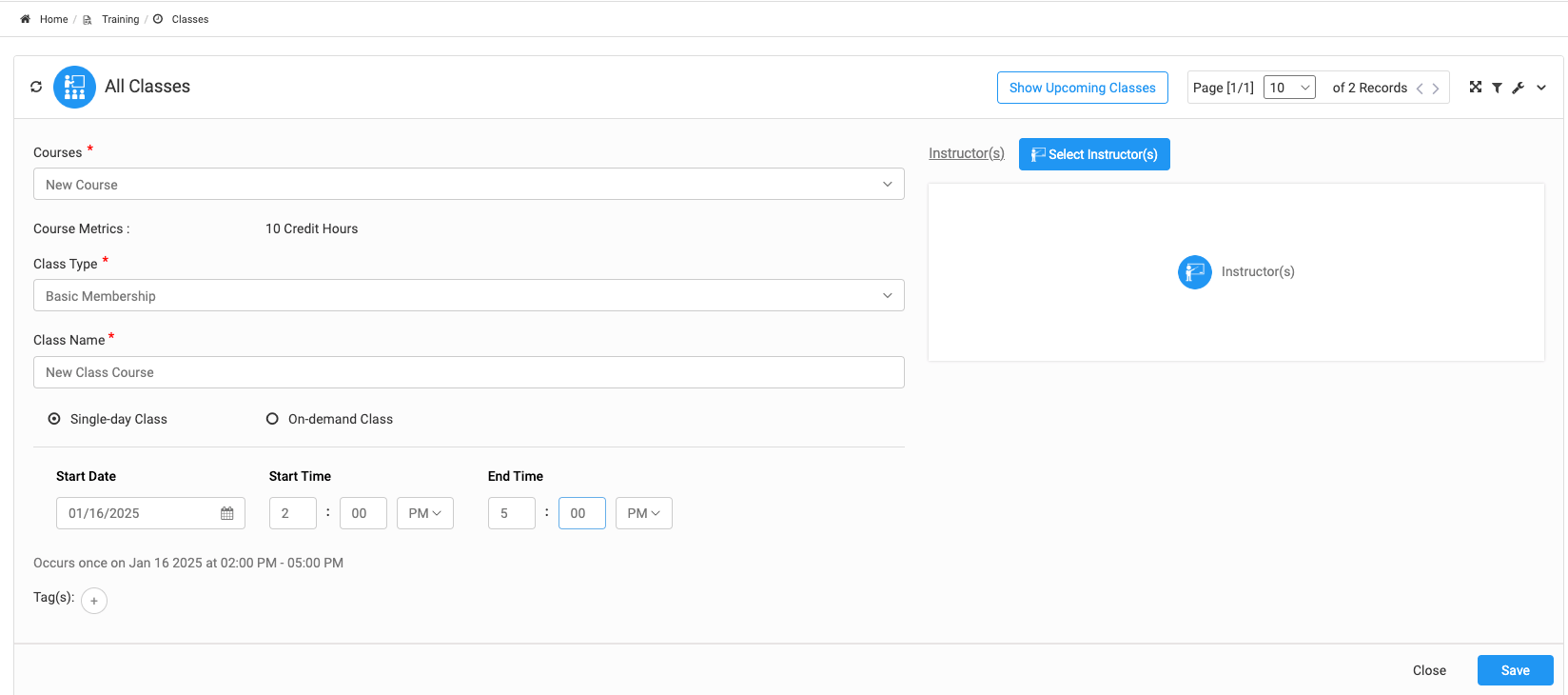 Add the Course Name, Class Type, Class Name, and all of the other fields to set up your class. Please note, anything with a red asterisk is a mandatory field. Once finished, select Save.