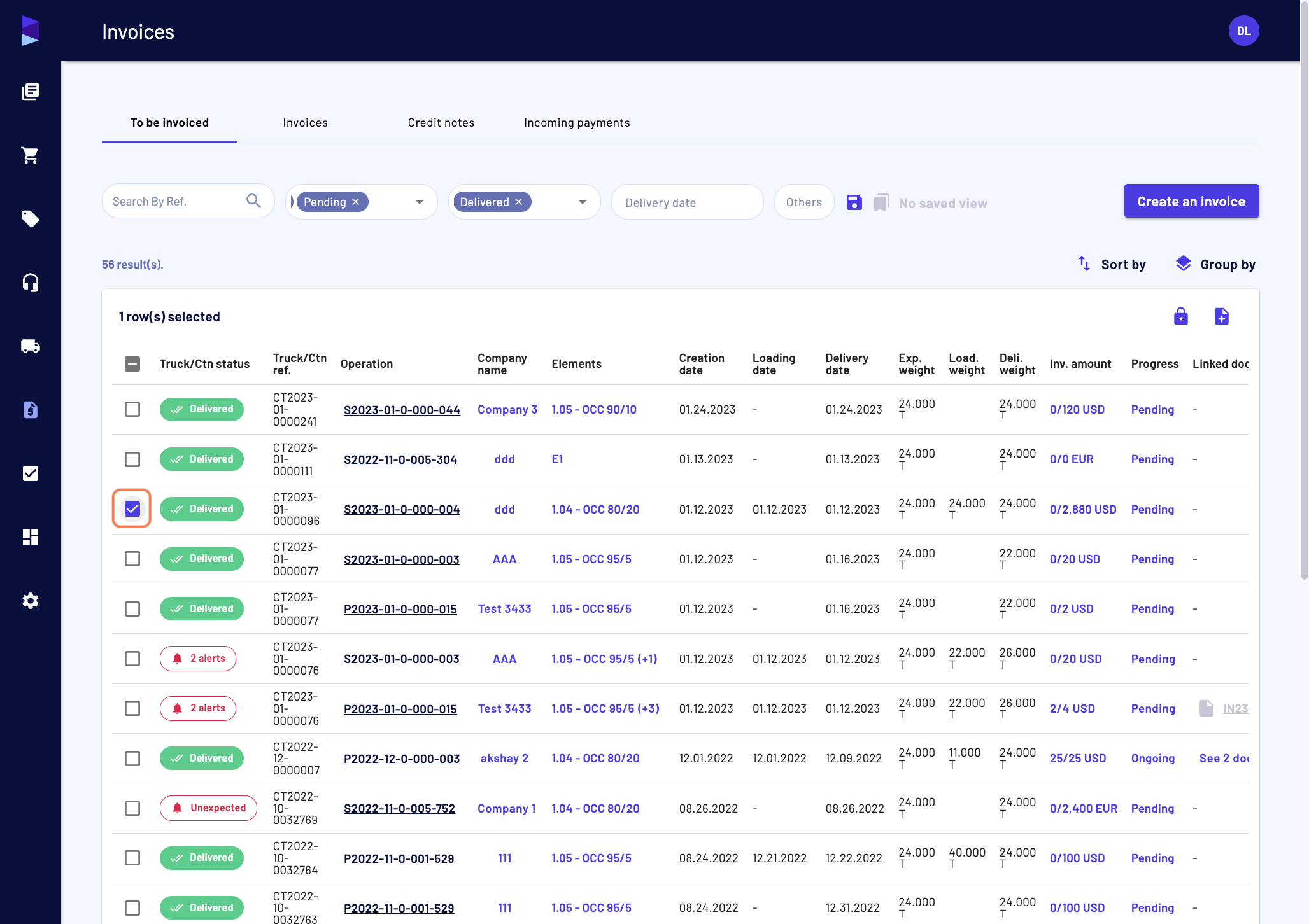 Once the invoicing on some trucks or containers is done, you can select them
