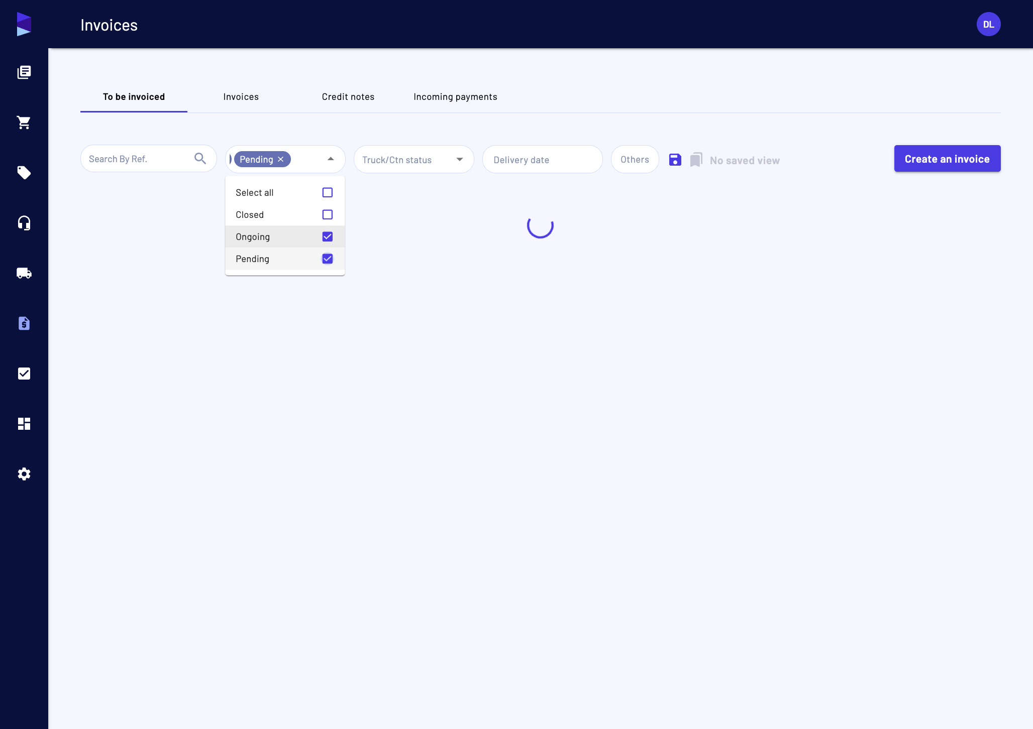 In the "Invoices & Payables" menu, access the "Invoices" page. You can apply data manipulation tools, such as searching, grouping, sorting and filtering