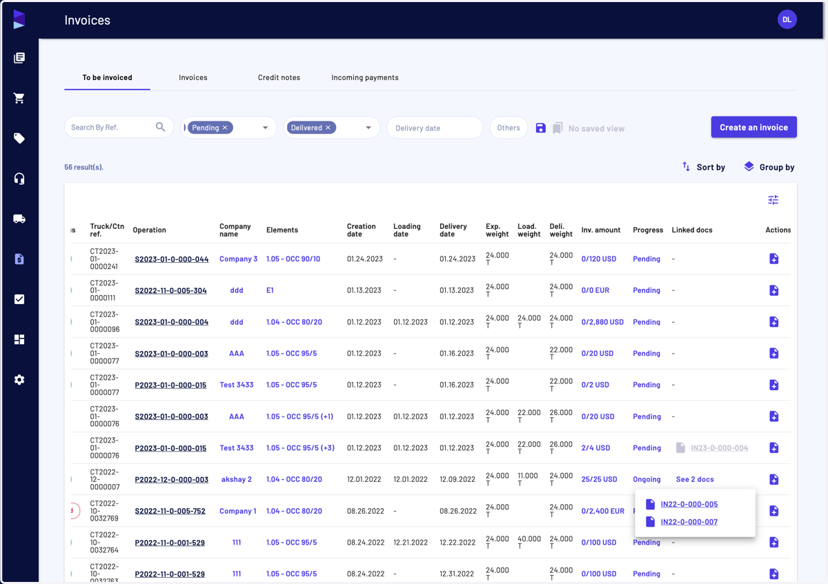 You can click on "Linked docs" to see and download the invoices generated