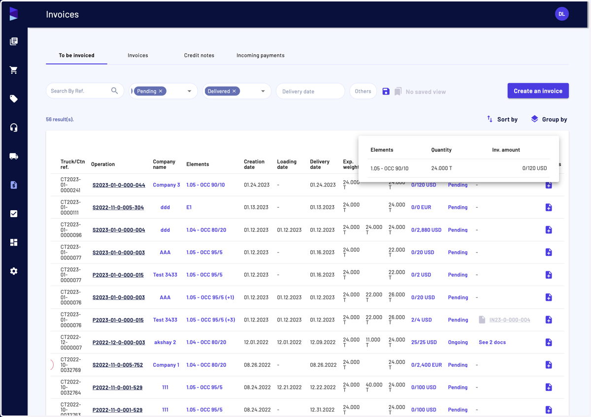 When you click on the "Elements" column you can see the different elements to be invoiced and the progress