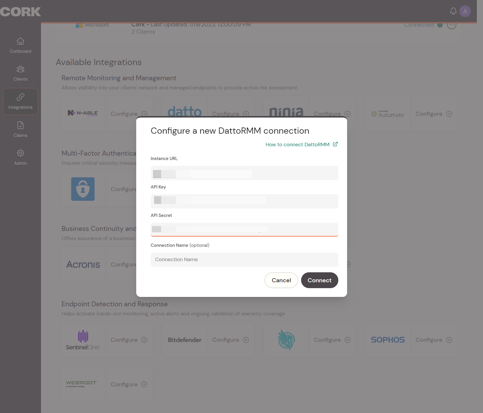 Paste the API key and secret into the Cork connection page