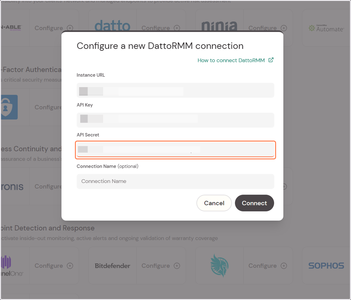 Paste the API key and secret into the Cork connection page