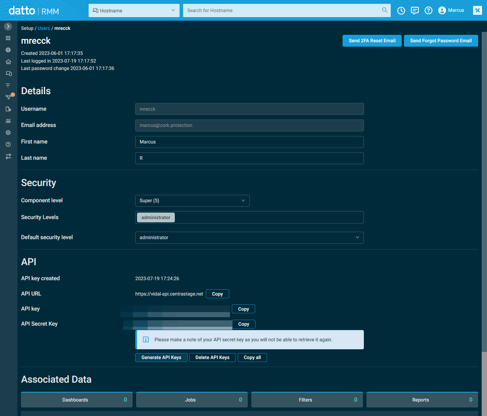 From the API set up page, copy the API key and secret