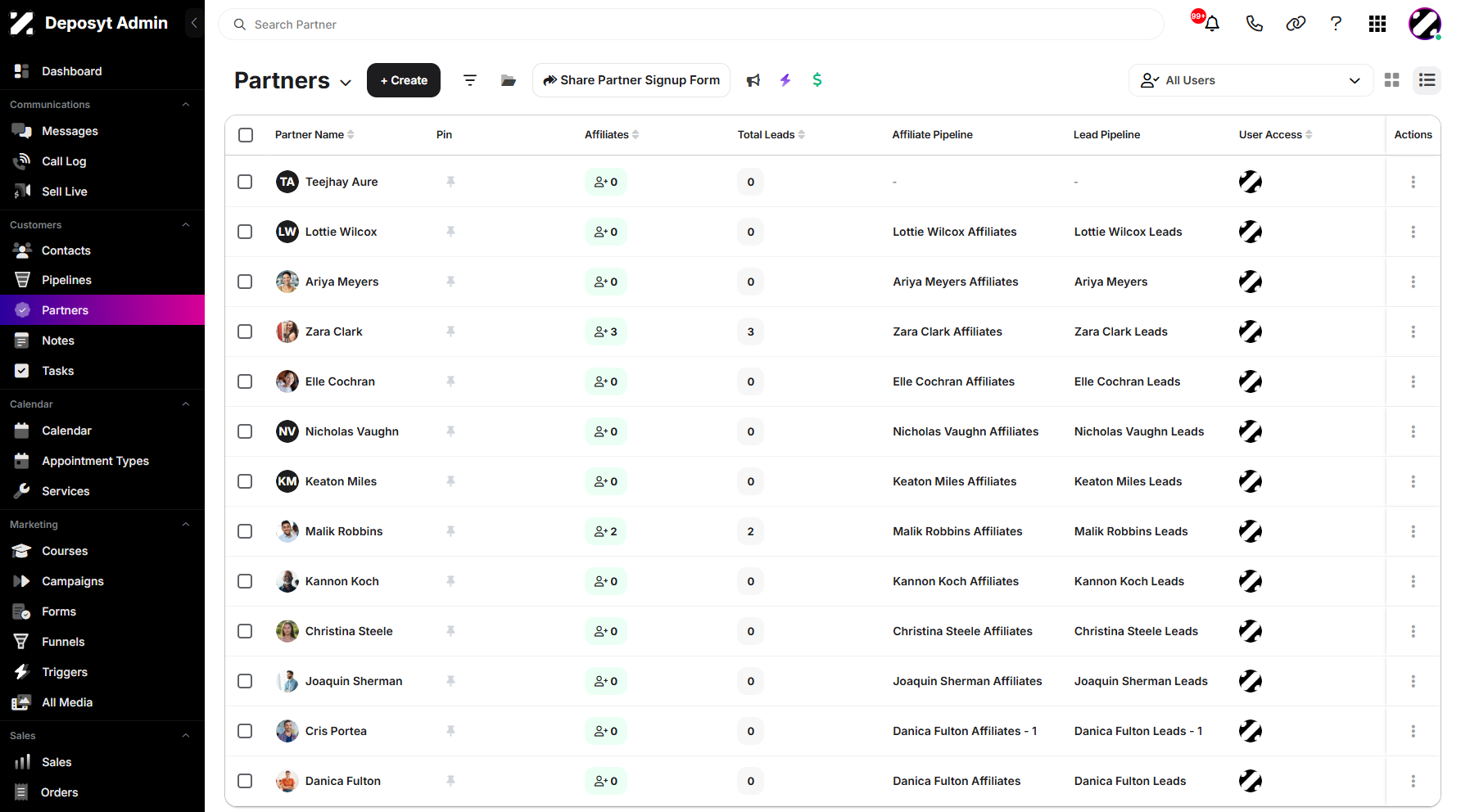 Step 4: You will then be taken to the Partners List View.