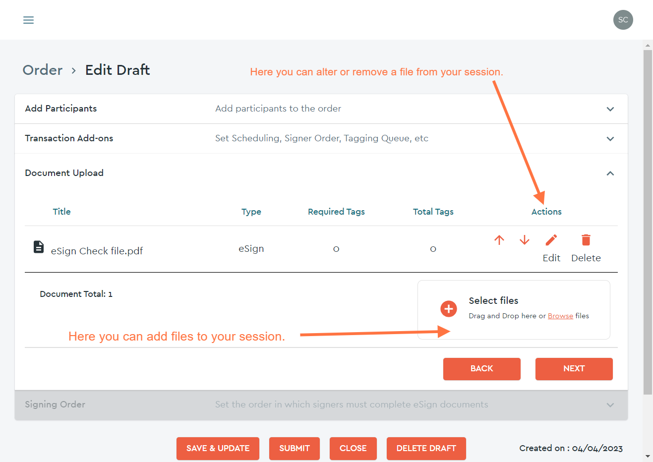 Working on a DRAFT order you can add Documents...
