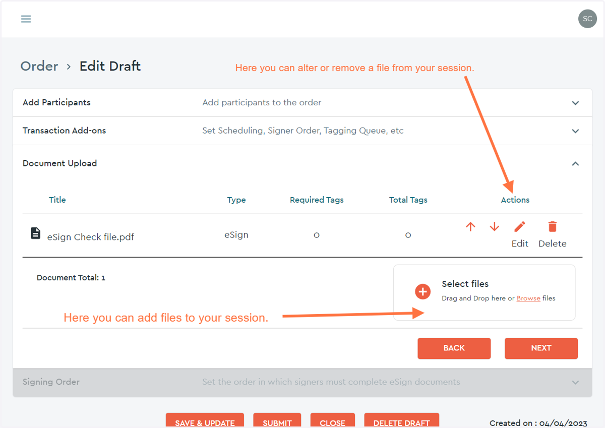 Working on a DRAFT order you can add Documents...