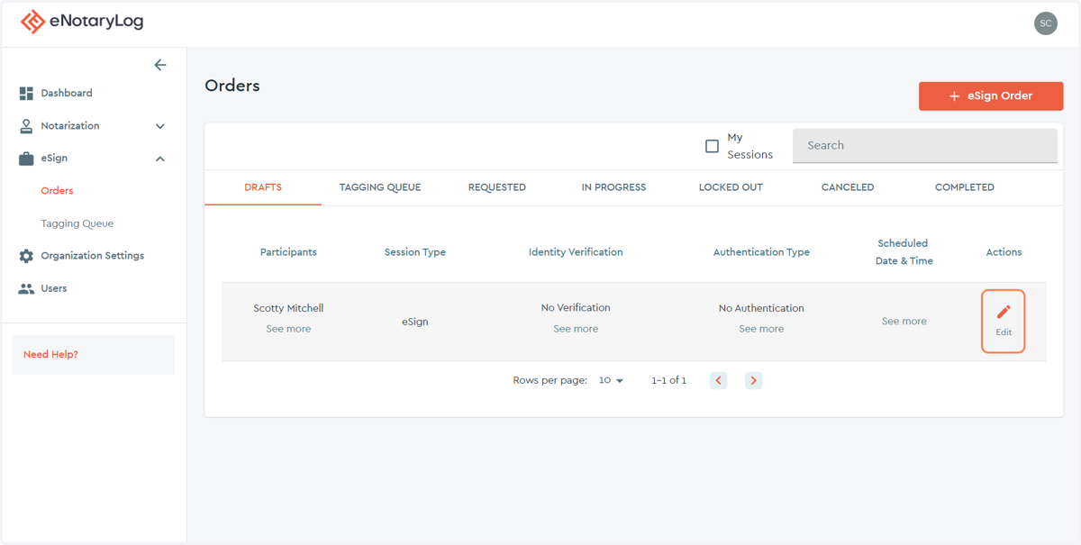Locate your DRAFT eSign order or create a new one...