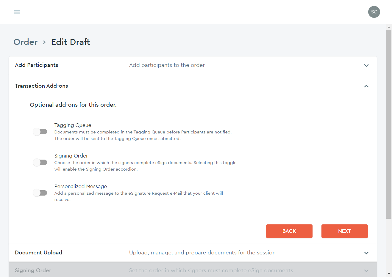 Working on a DRAFT order you can add Transaction Add-ons...
