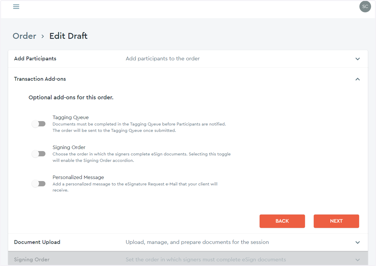 Working on a DRAFT order you can add Transaction Add-ons...