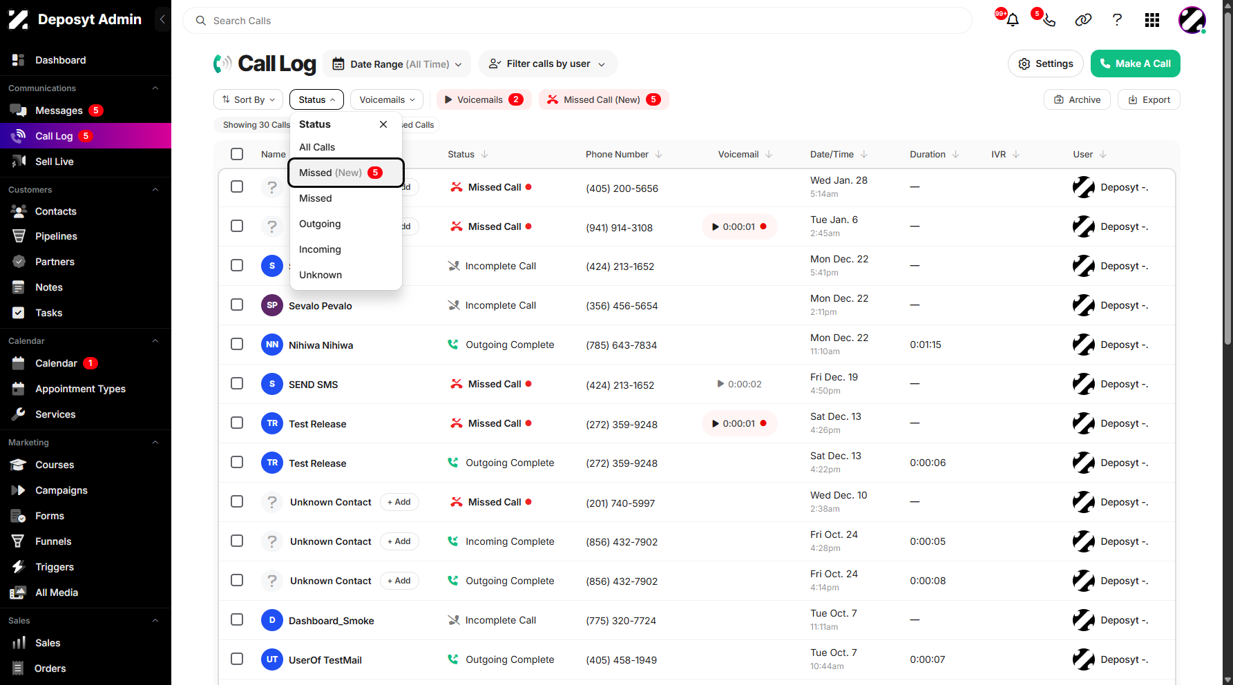 Step 5: Select a status from the list—for example, Missed Calls. This will filter the Call Log to show only the calls that match the selected status. Once chosen, click on it to proceed.