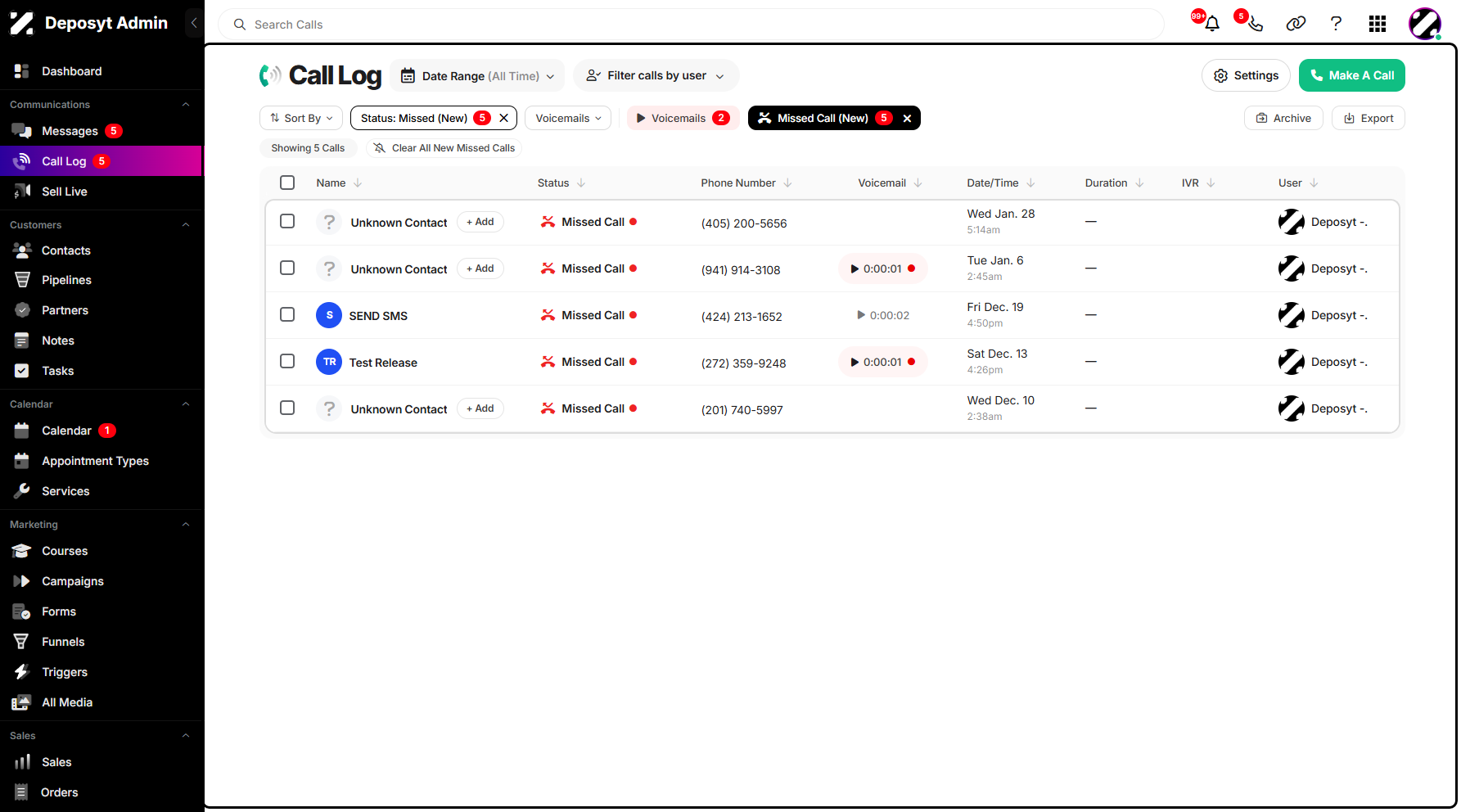 Step 6: All the new missed calls are now displayed, allowing you to quickly identify which calls were not answered. This makes it easier to follow up with those contacts, manage missed opportunities, and ensure no important communication is overlooked.