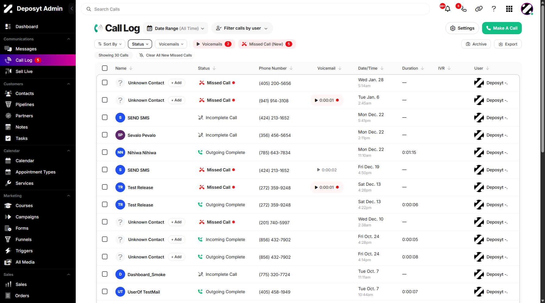 Step 3: To filter your Call Log by status, click on Status dropdown menu.