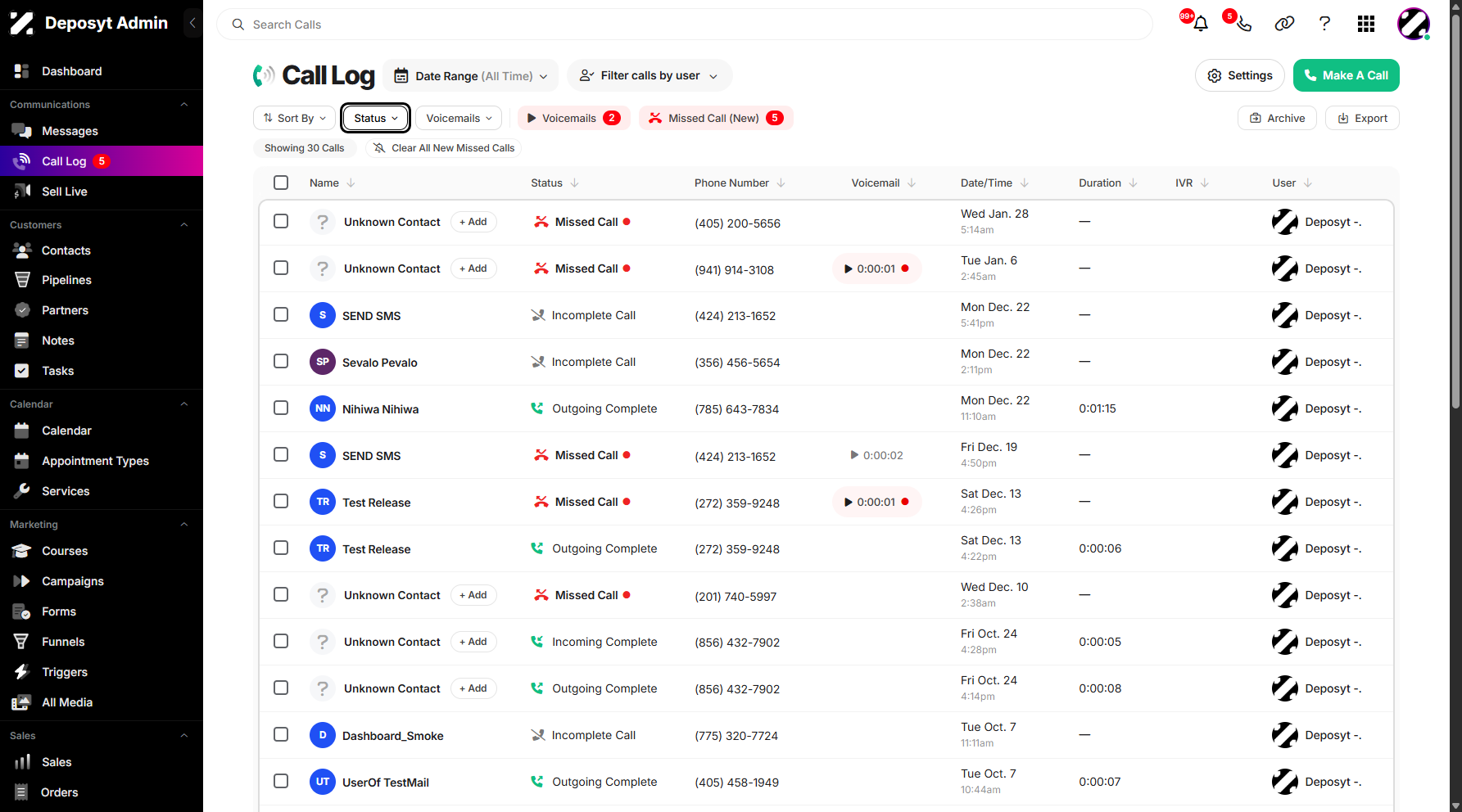 Step 3: To filter your Call Log by status, click on Status dropdown menu.