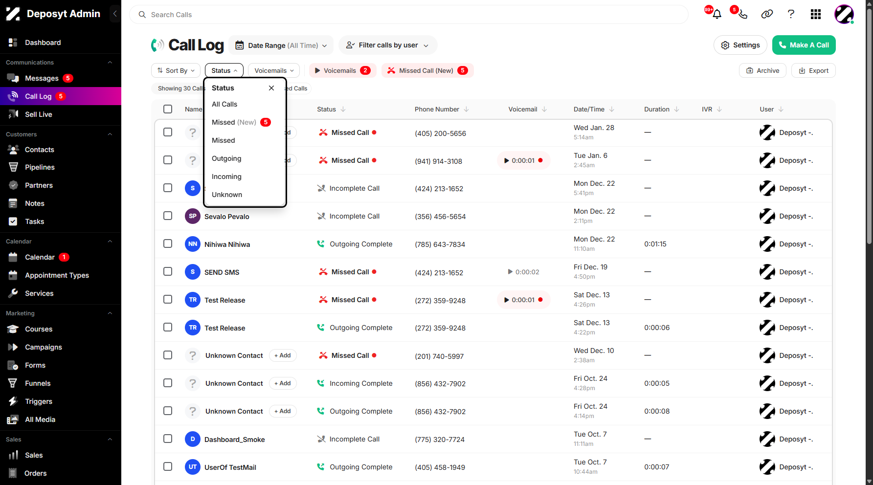 Step 4: A pop-up window will appear, displaying all the statuses you can choose from to filter the Call Log.