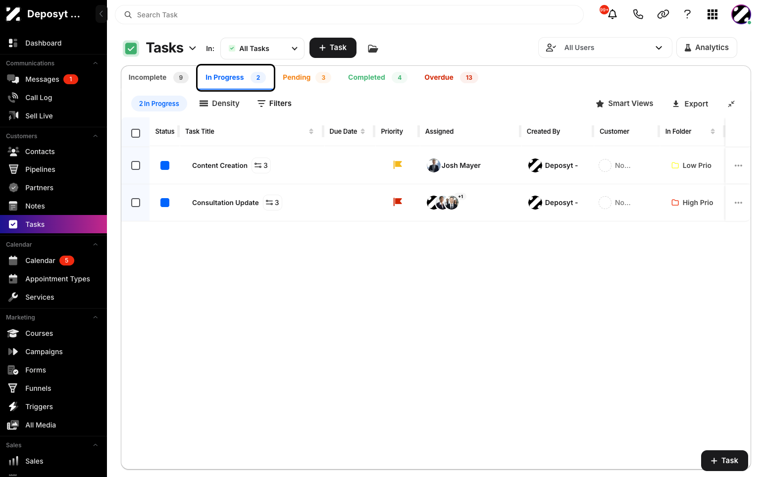 Step 2: Click the ‘In Progress’ tab to view all in-progress tasks.