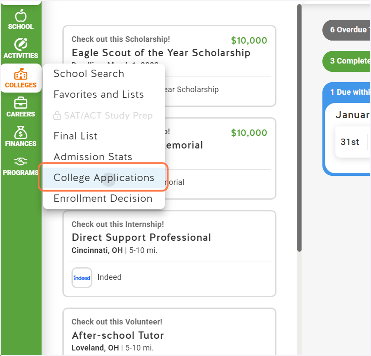 Click on College Applications