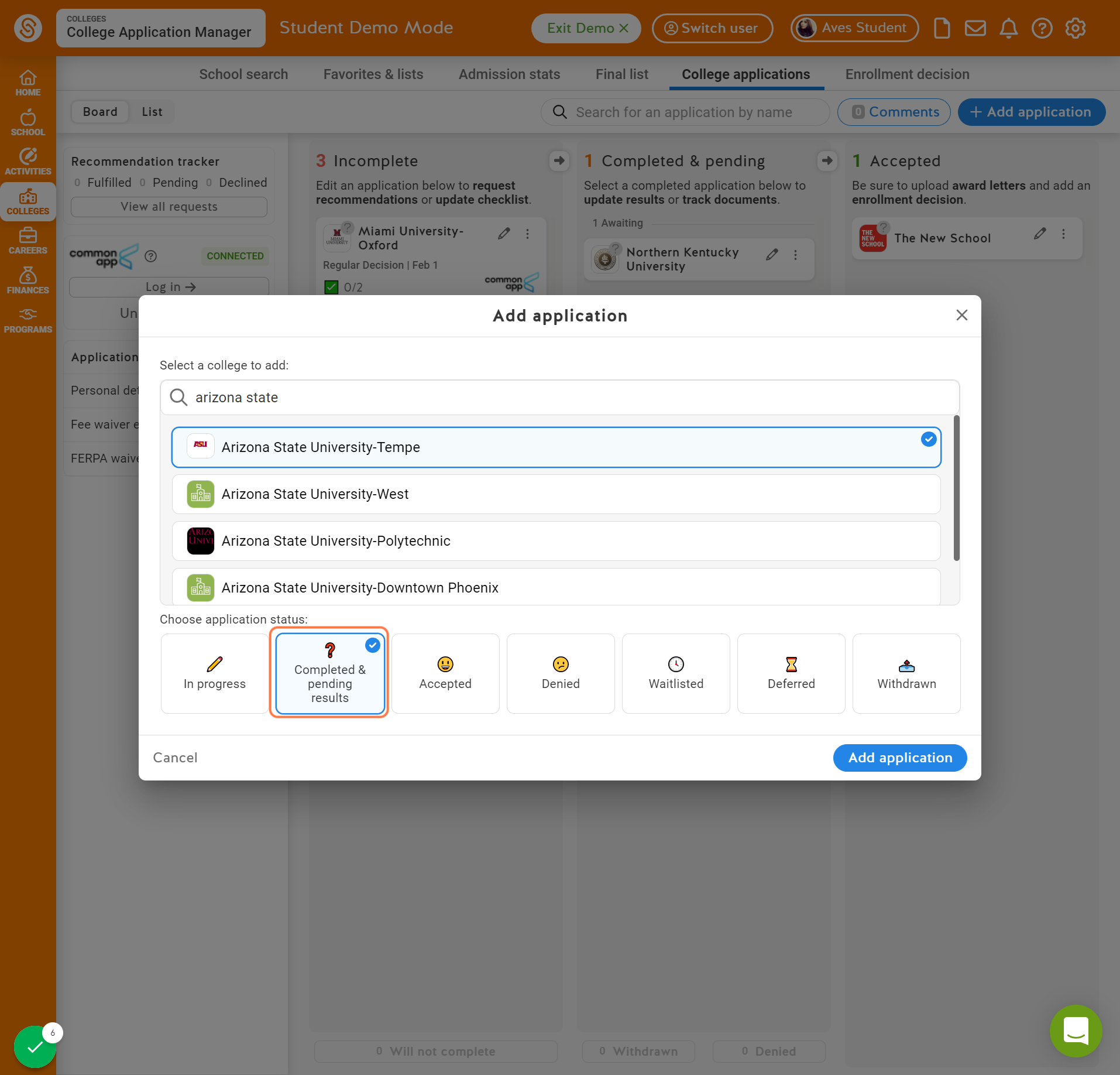 Select your application status
