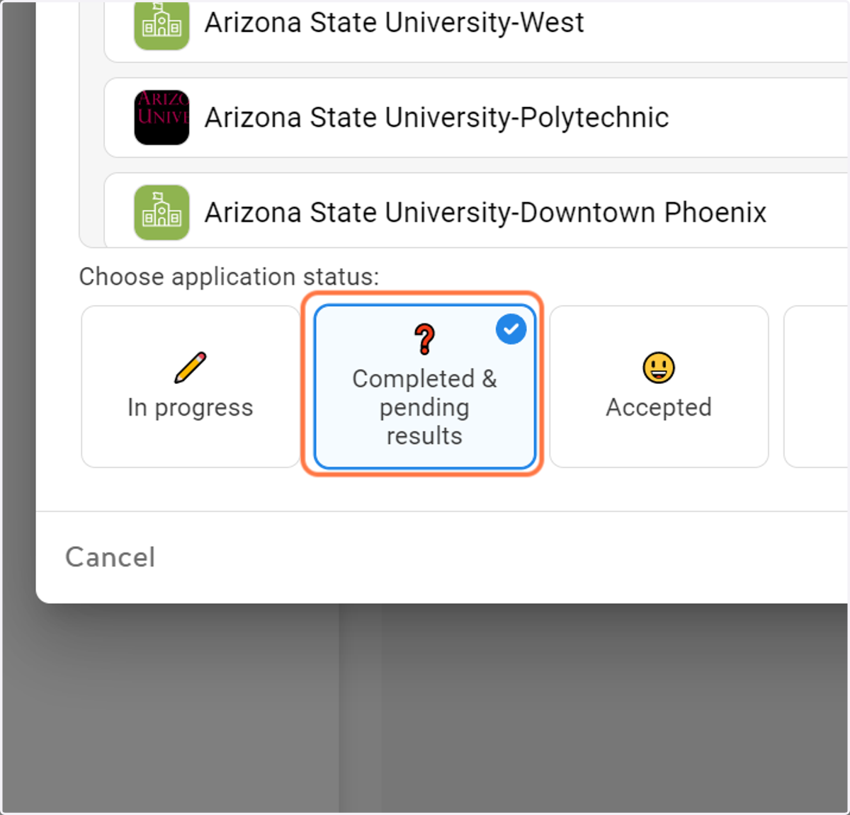 Select your application status