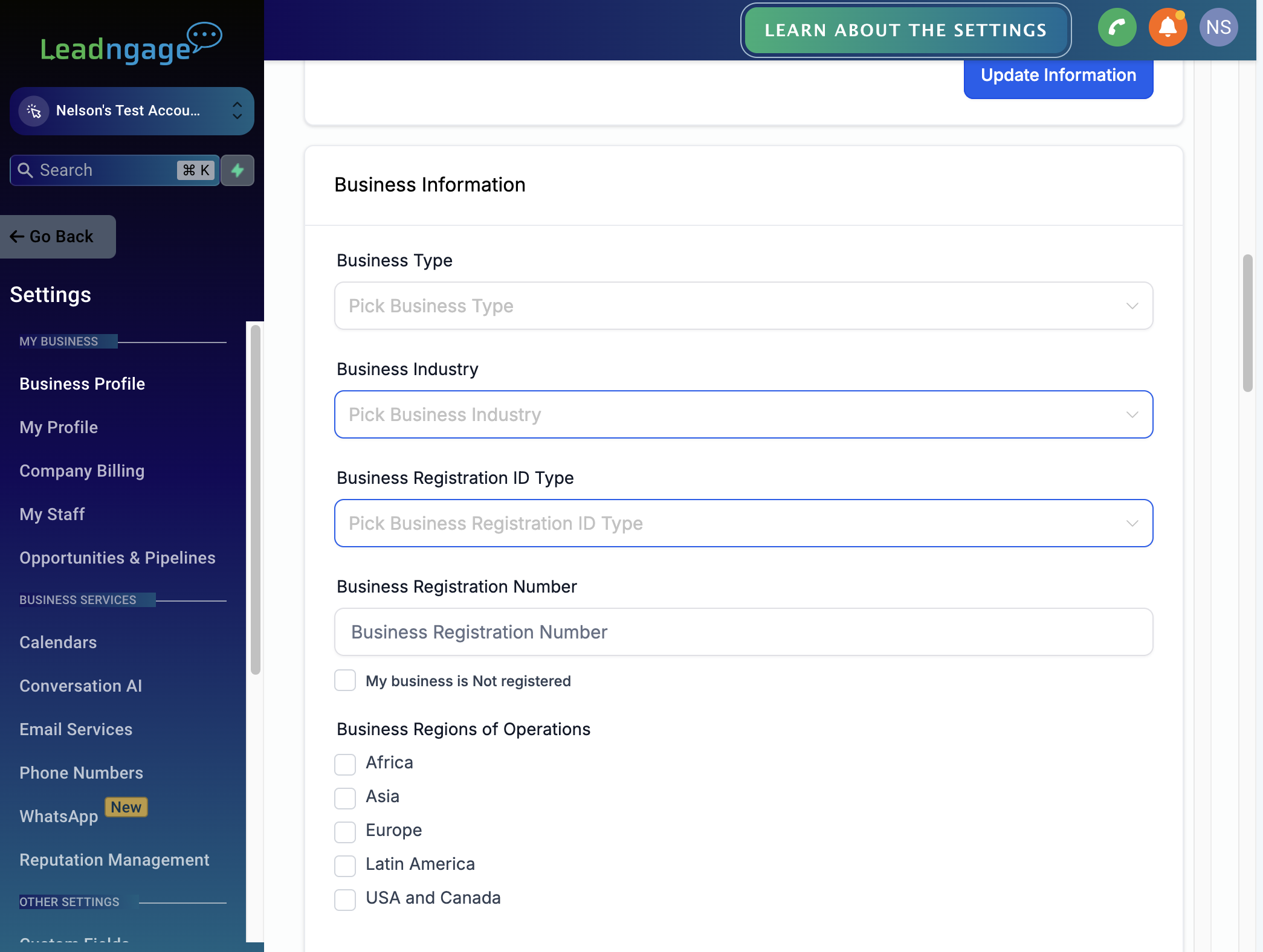 Click on Pick Business Registration ID Type