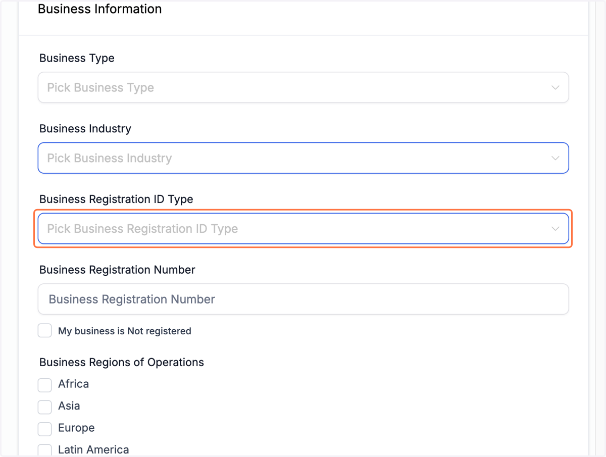 Click on Pick Business Registration ID Type
