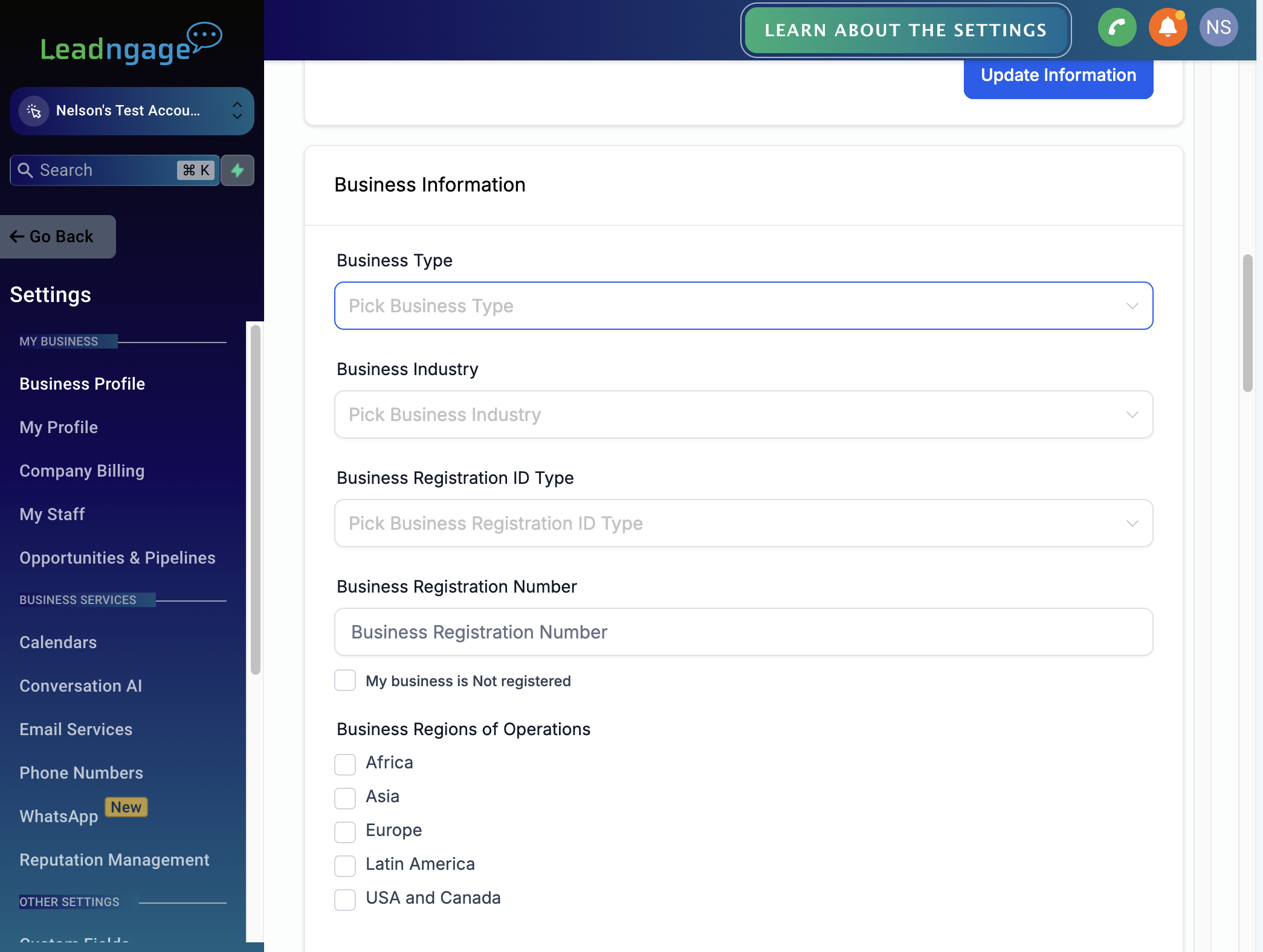 Click on Pick Business Type