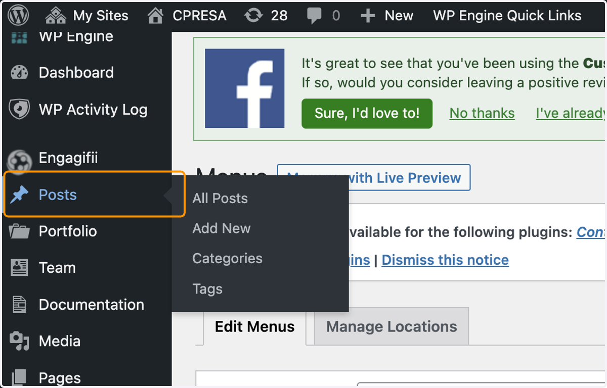 Click on Posts in your WordPress Dashboard, left hand menu