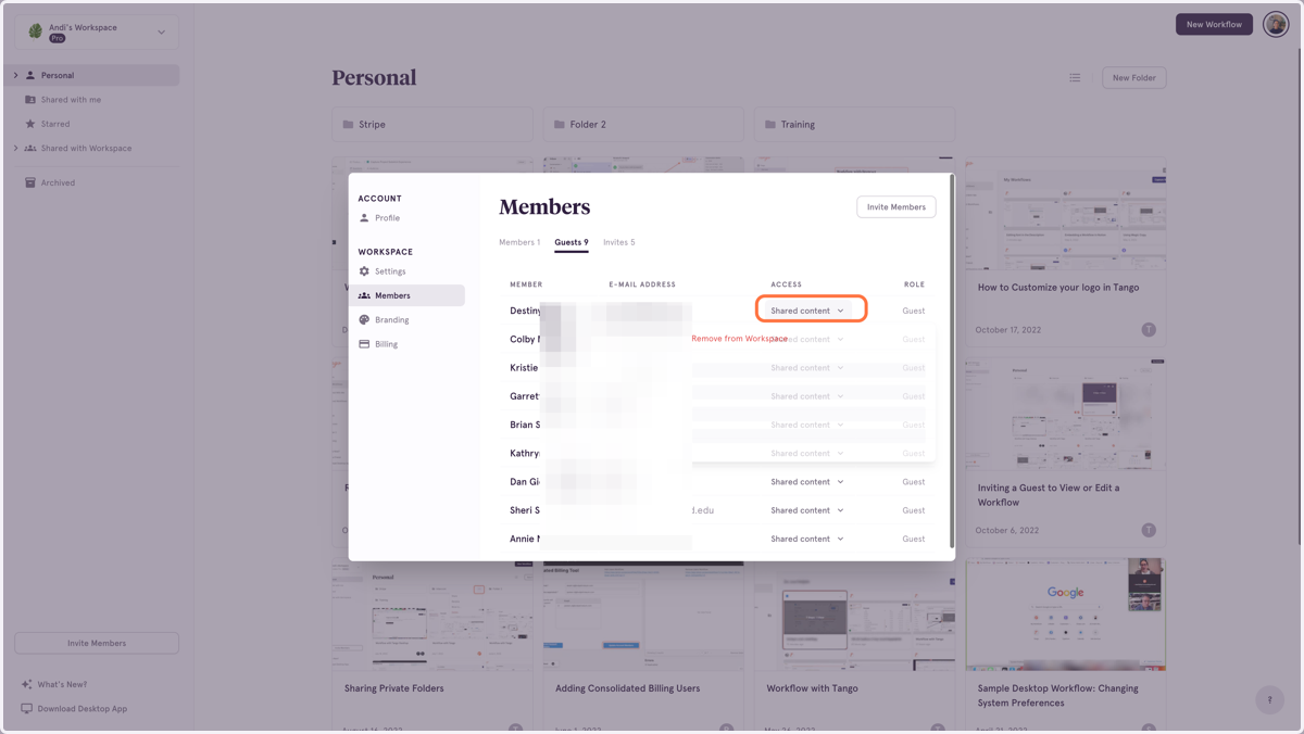 The Guests tab is a list of all users within your Workspace.
