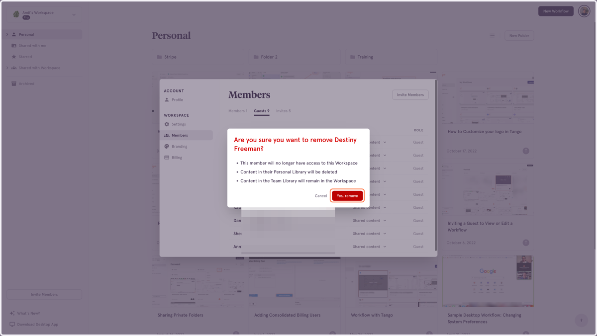 Confirm that you want to remove the user from the Workspace