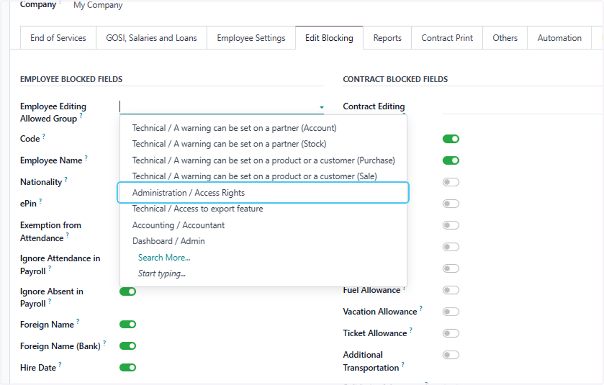Click on Administration / Access Rights