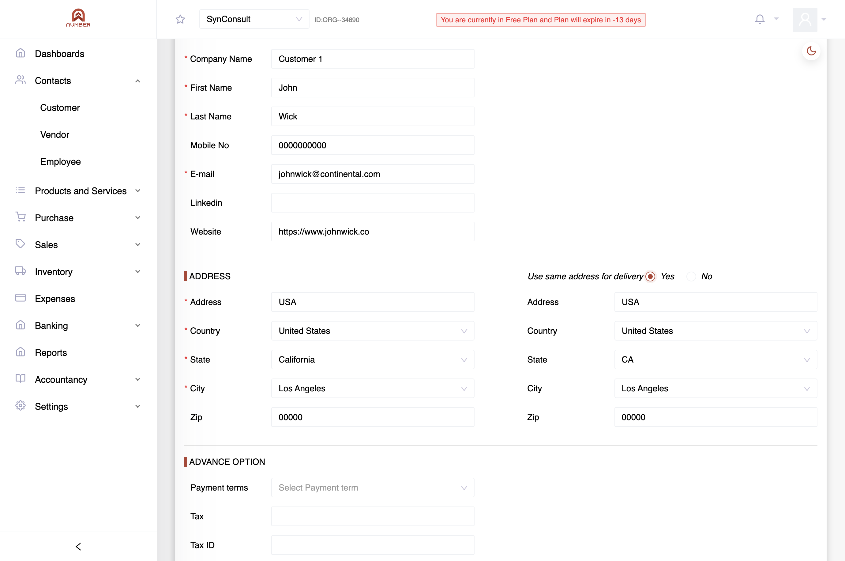 If the customer's contact and delivery addresses are the same, simply click "YES" on "Use same address for delivery," and the details will be automatically filled.