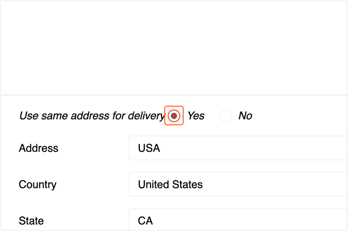 If the customer's contact and delivery addresses are the same, simply click "YES" on "Use same address for delivery," and the details will be automatically filled.