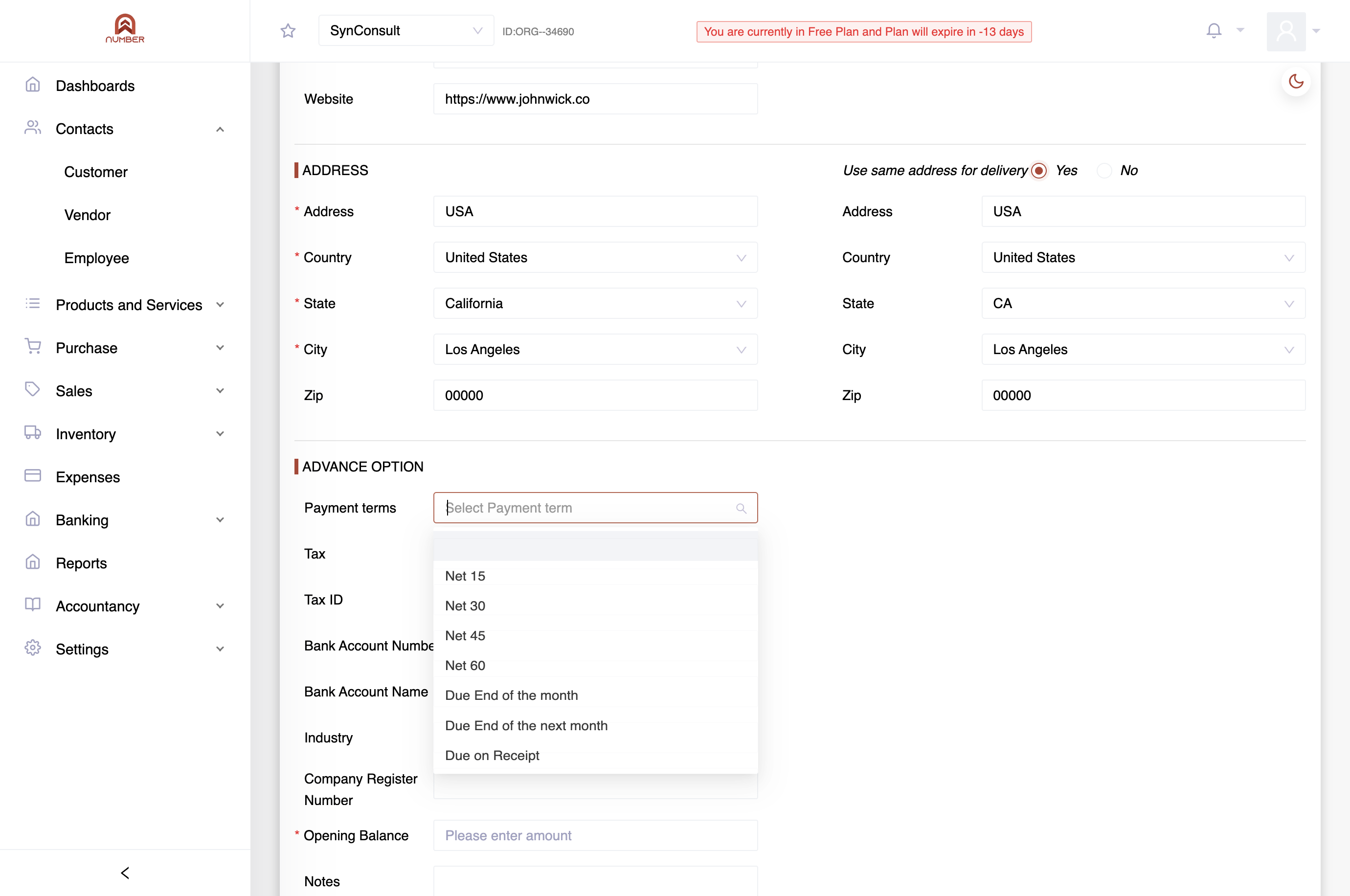 Choose the agreed "Payment Terms, such as 15 Days Credit, 30 Days Credit, or other specified options, or "Due on Receipt" if no credit limit applies.