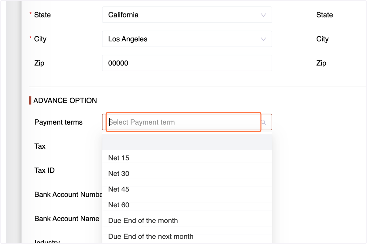 Choose the agreed "Payment Terms, such as 15 Days Credit, 30 Days Credit, or other specified options, or "Due on Receipt" if no credit limit applies.