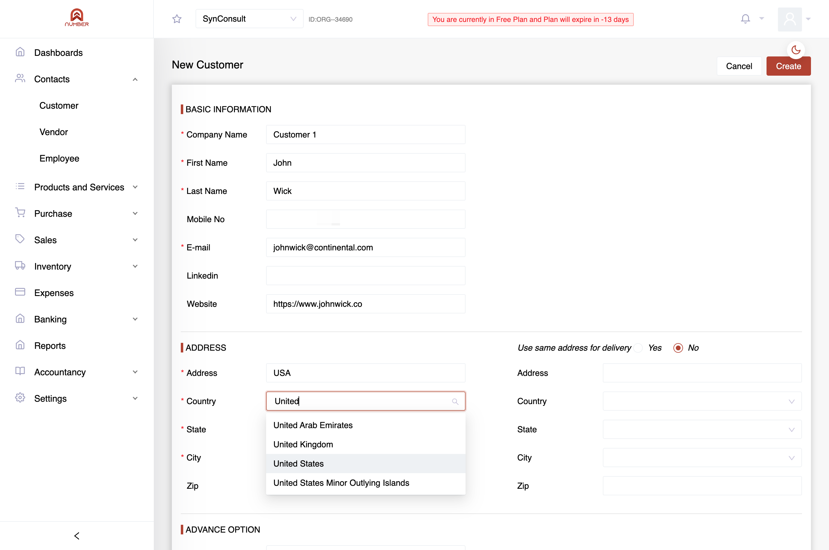 Provide the street address of the customer, Specify the "Country in which the customer is based