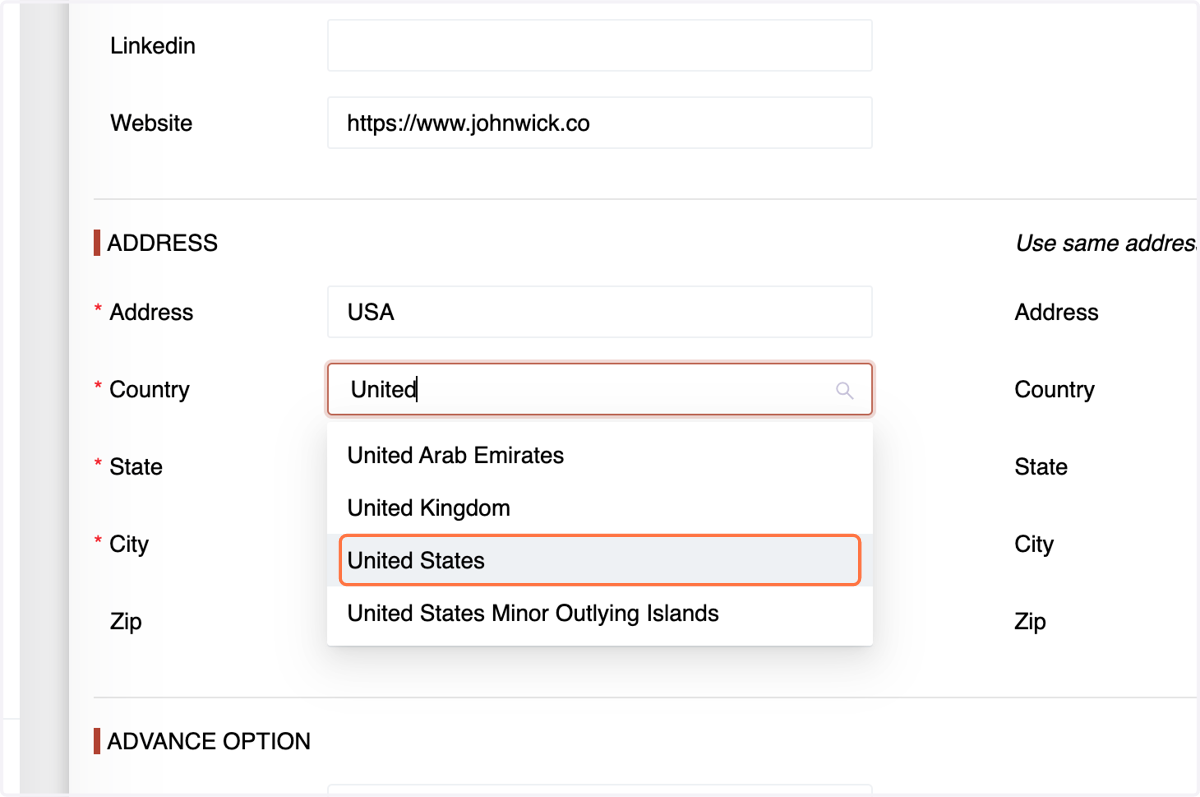Provide the street address of the customer, Specify the "Country in which the customer is based