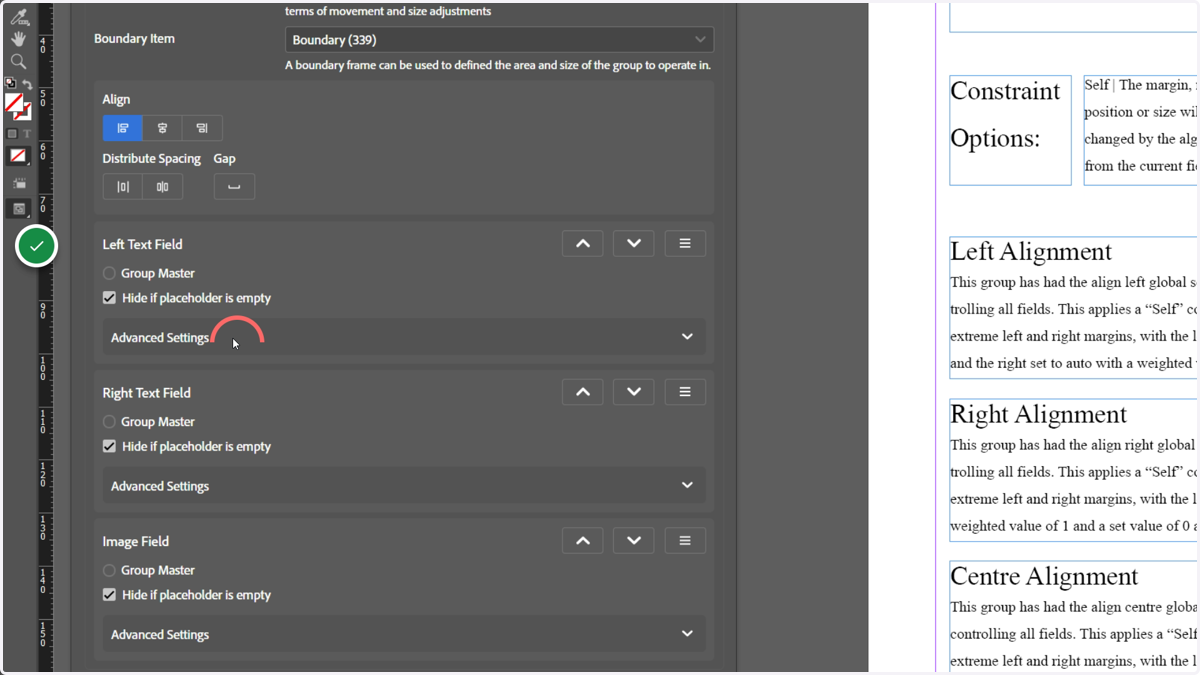 Click Advanced Settings on each field to see how the margin and sizing is configured.