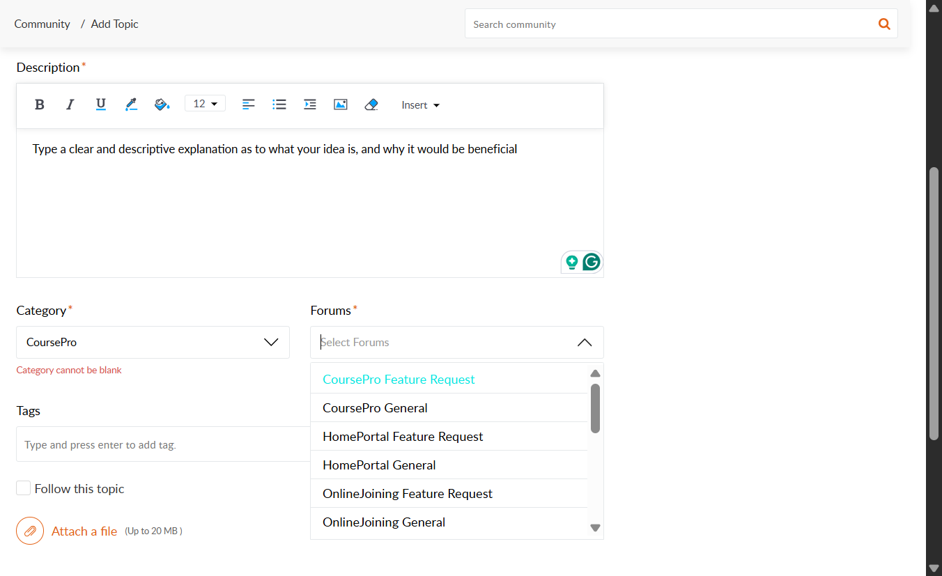 In this example we will click on 'CoursePro Feature Request'