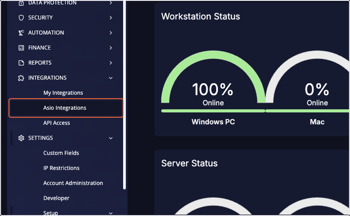 Click on Asio Integrations