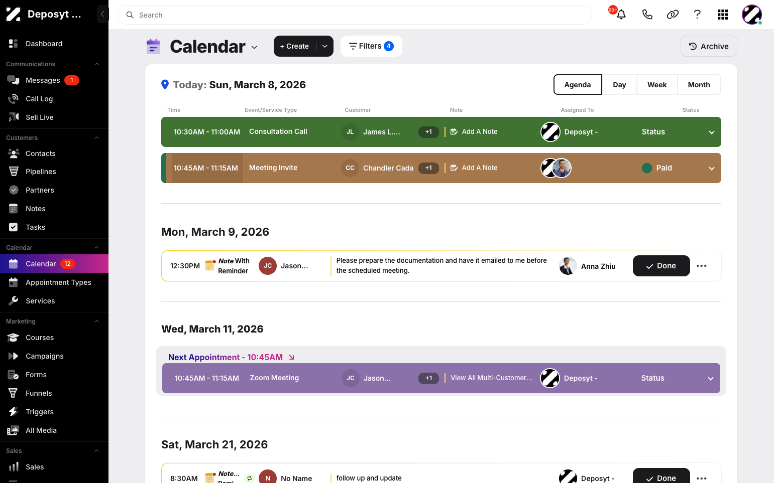 Step 2: Click the time or the event/service type to view the appointment details.