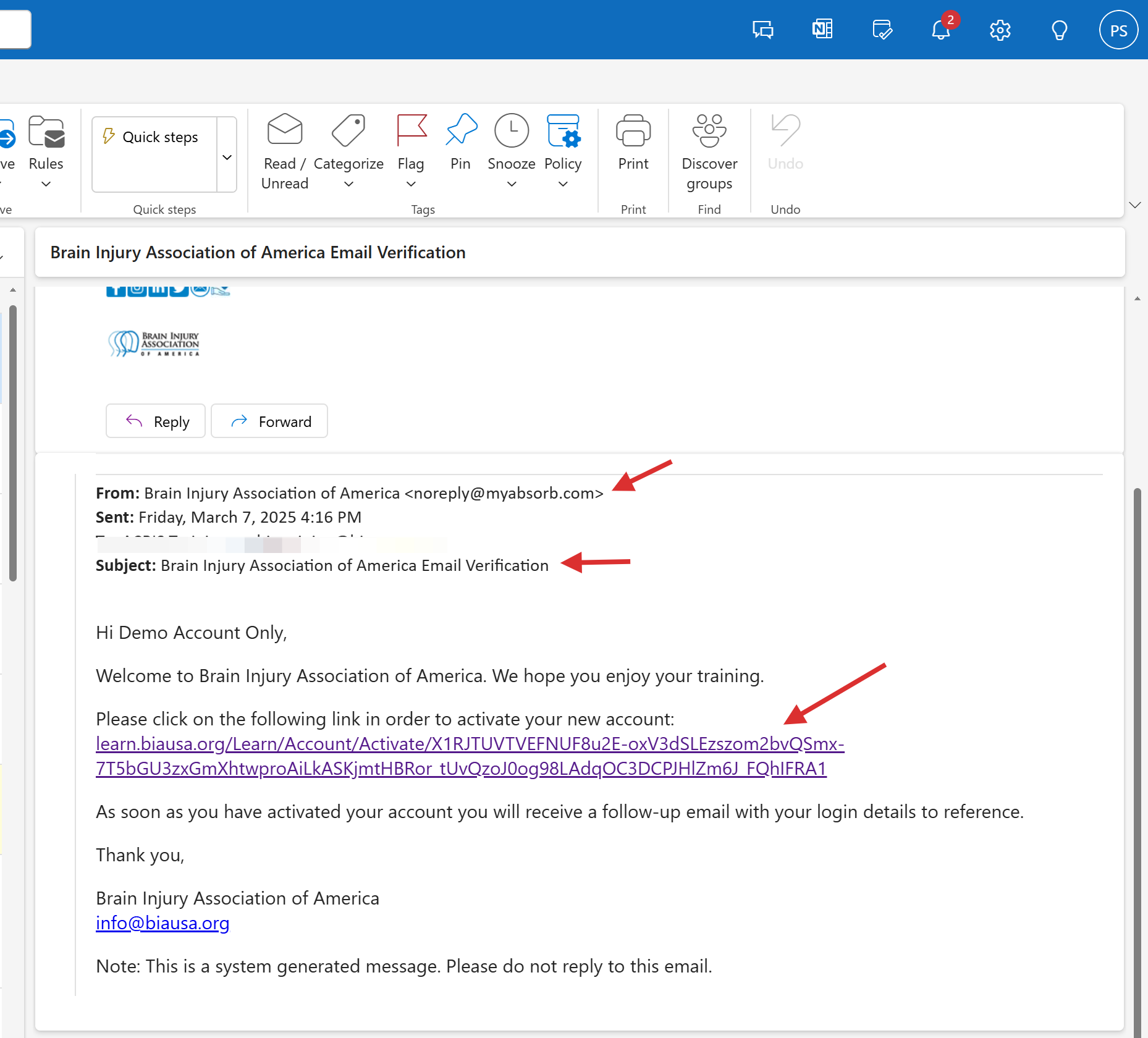 Sample Email Verification Sent From Absorb to New User