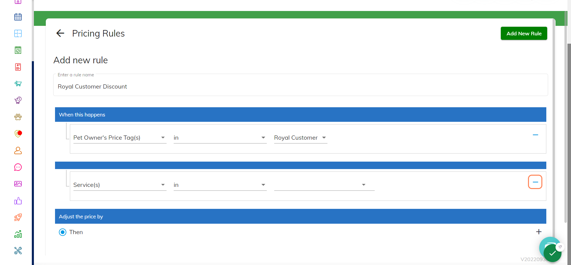 Click on the next "+" sign to select which type of services these pricing can apply to.