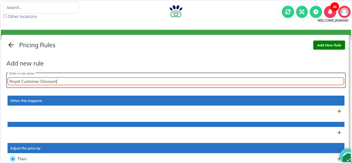 Type in the name you would prefer for your new rule. Example: "Royal Customer Discount"