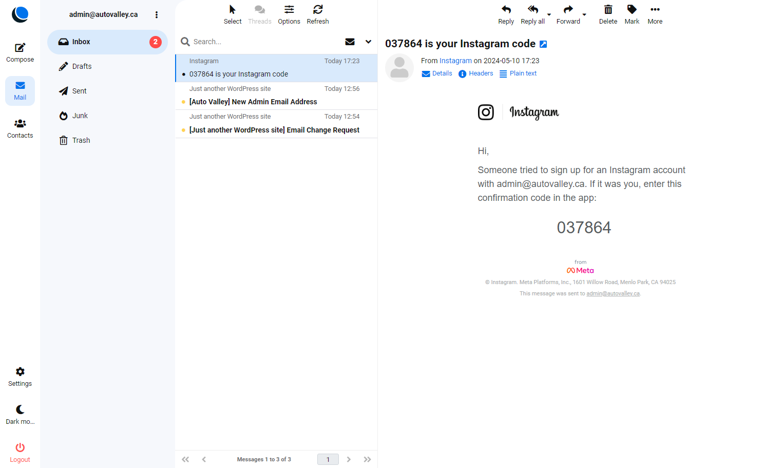 Select and copy the code provided by Intagram