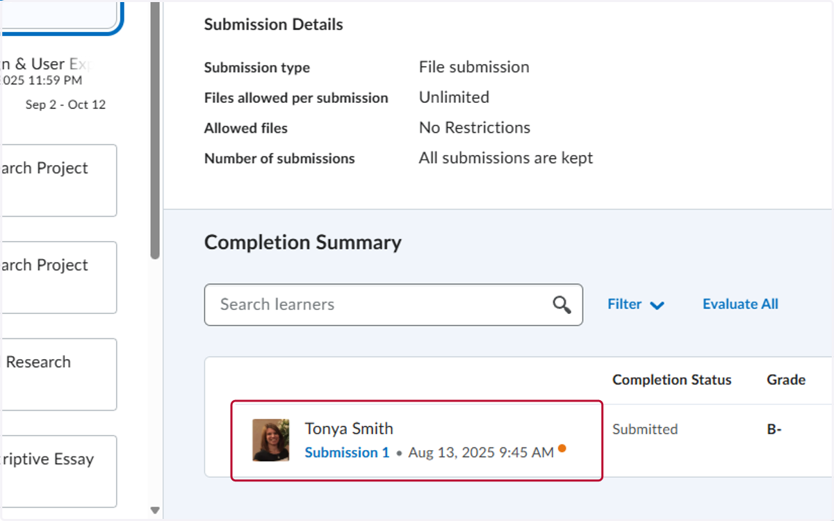 The student's submission date will appear under their name