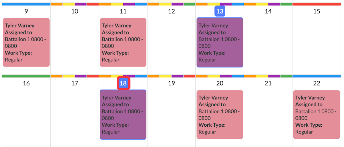 Select the numbers above the days you are scheduled to work. As you select them, they will turn purple. 