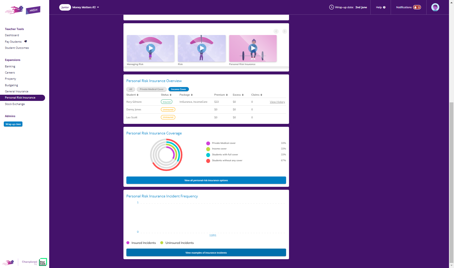 You can also click View examples of insurance incidents to see some examples of the incidents your students could encounter.
