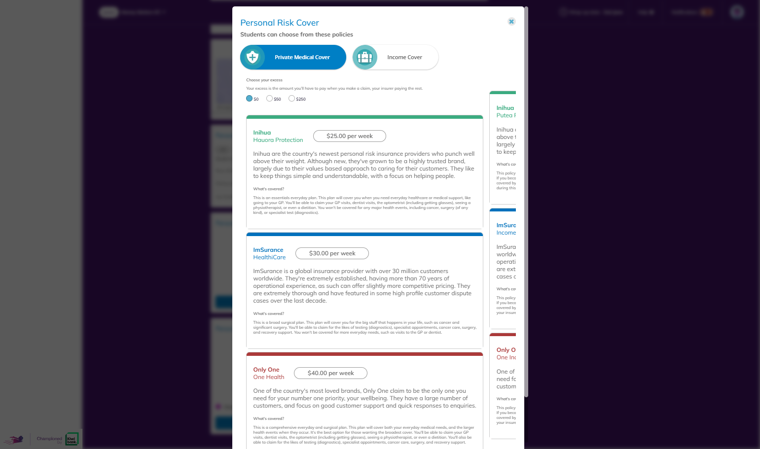 You can view the Private Medical and Income Cover options that your students will be presented with.