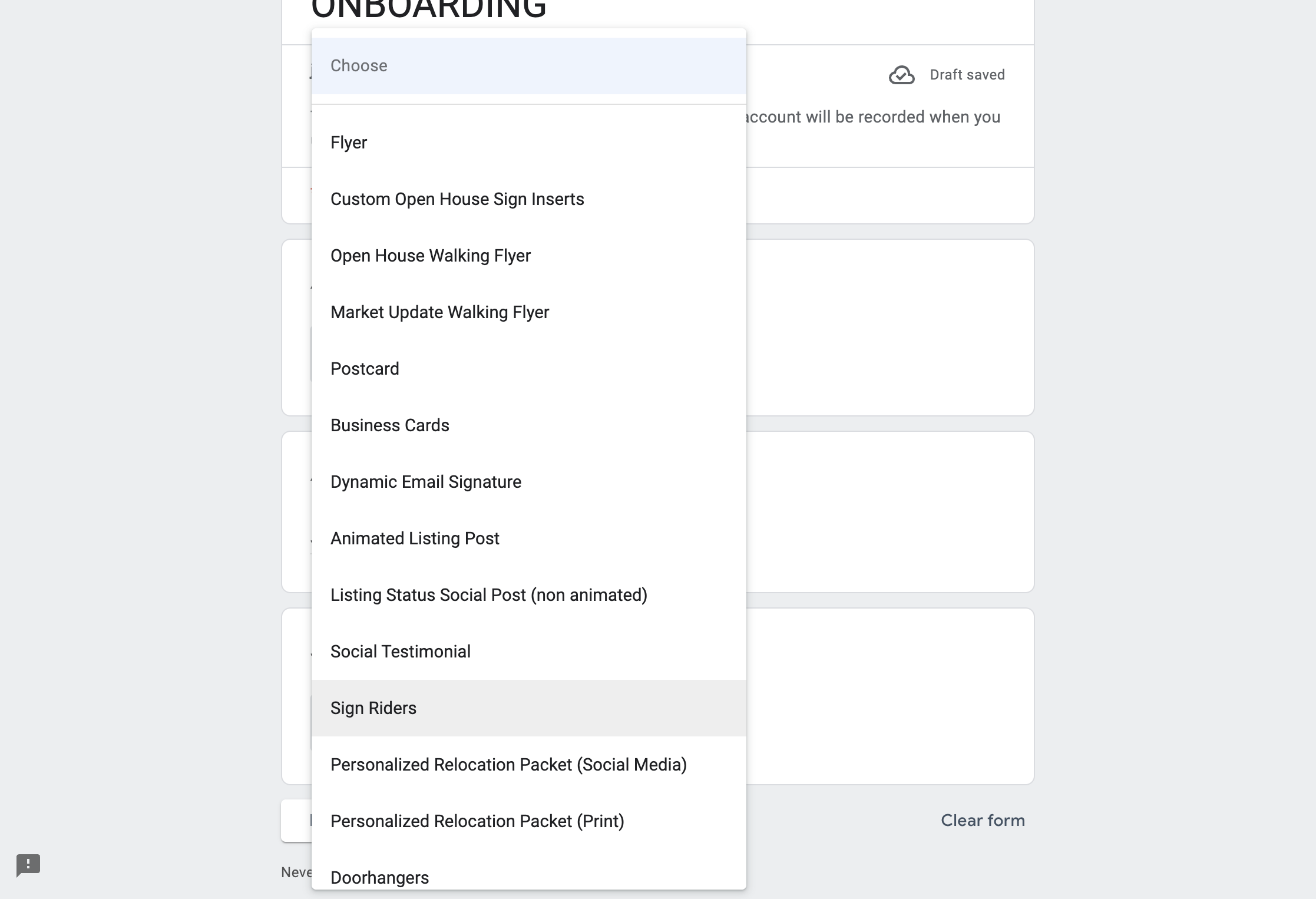 Click on Sign Riders -- or to order "For Sale Signs" choose that in the drop down menu